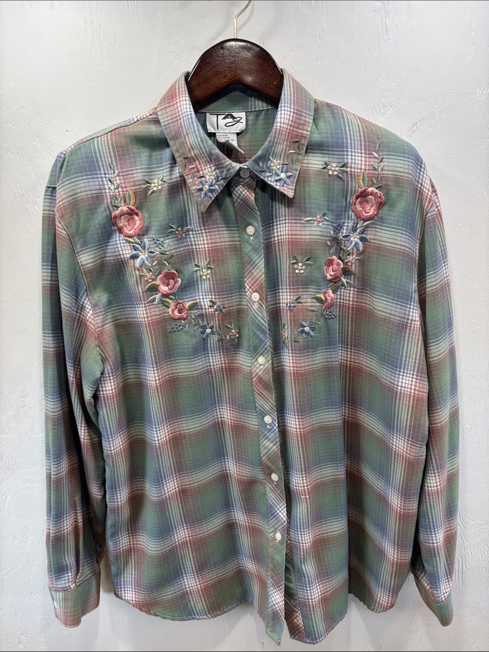Vintage Tag Embroidered Plaid Pastel Cottagecore Grandma Floral Western Shirt L